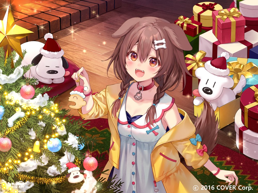 1girl :3 :d animal_collar animal_ears blush bone_hair_ornament box braid brown_eyes brown_hair cartoon_bone christmas_tree collar commentary copyright_notice dog_ears dog_girl dog_tail double-parted_bangs dress extra_ears fangs fukahire_(ruinon) futo-inu gift gift_box hair_between_eyes hair_ornament hair_over_shoulder hairclip hat hololive hoso-inu indoors inugami_korone jacket listener_(inugami_korone) long_hair low_twin_braids official_art open_clothes open_jacket open_mouth red_collar red_hat santa_hat single_off_shoulder sleeveless sleeveless_dress smile solo tail twin_braids virtual_youtuber white_dress wristband yellow_jacket