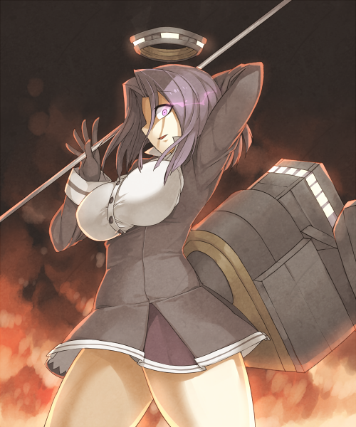 10s 1girl crazy_eyes eiri_(eirri) female_focus fire glaive_(polearm) gloves glowing glowing_eyes halo kantai_collection looking_at_viewer machinery mechanical_halo parted_lips polearm purple_eyes purple_hair solo tatsuta_(kancolle) weapon