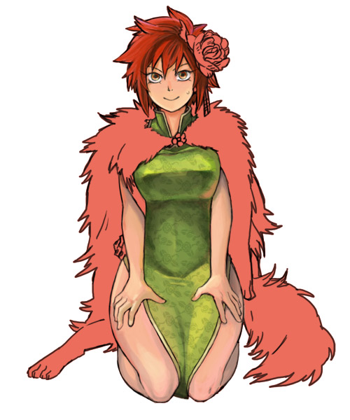 1girl alternate_costume breasts china_dress chinese_clothes dress female_focus flower flower_on_head fur hair_flower hair_ornament large_breasts naoayatugu red_hair short_hair shut_hell shut_hell_(character) solo thighs