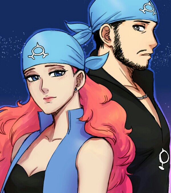 1boy 1girl archie_(pokemon) bandana bandeau bare_shoulders big_hair black_bandeau black_hair black_shirt blue_bandana blue_eyes blue_gloves blue_pants blue_vest breasts chinstrap_beard chips_n_cookies cleavage collared_shirt creatures_(company) crop_top cropped_vest earrings expressionless eyelashes facial_hair game_freak gloves jewelry long_hair long_sleeves looking_at_another looking_to_the_side male_focus midriff mustache navel necklace nintendo pants parted_lips partially_unbuttoned pink_hair pink_lips pokemon pokemon_rse popped_collar profile shelly_(pokemon) shirt short_hair strapless stud_earrings team_aqua tube_top very_short_hair vest