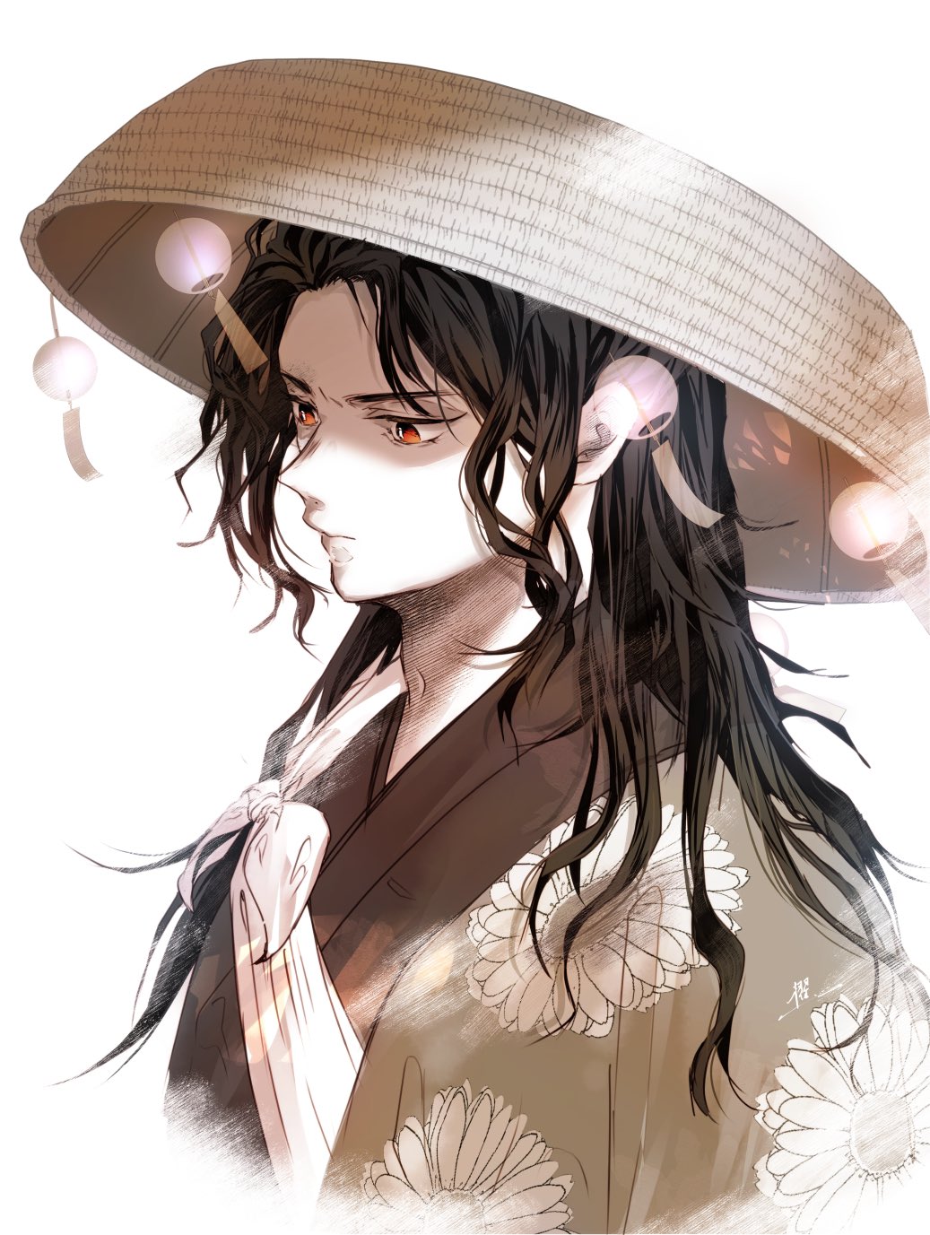 haganezuka hotaru, kimetsu no yaiba, looking away, highres, spoilers, 1boy,  floral print, hair down, hair ornament, hat, hat ornament, jacket, japanese  clothes, kai mtitsu, kimono, long hair, male focus, monochrome, no mask