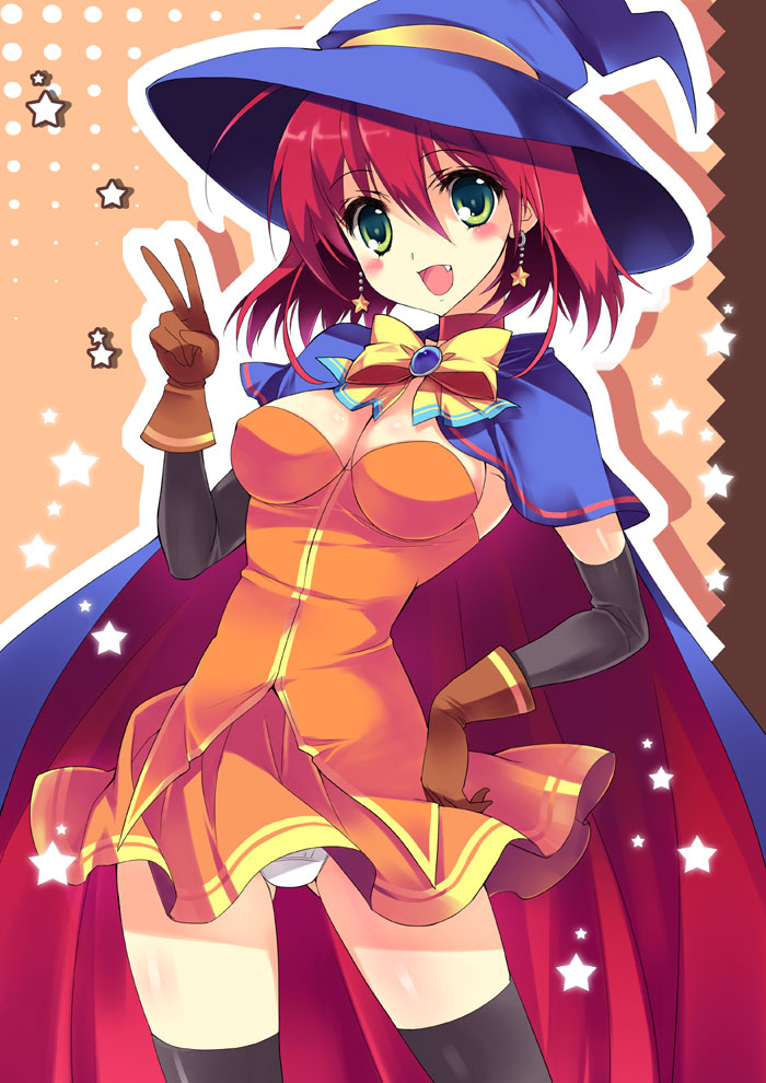 1girl alice_wishheart bad_id bad_pixiv_id bow cape capelet earrings fang green_eyes hat jewelry magical_halloween orange_skirt panties pantyshot red_hair skirt star_(symbol) star_earrings thighhighs underwear upskirt v witch witch_hat yukiwo