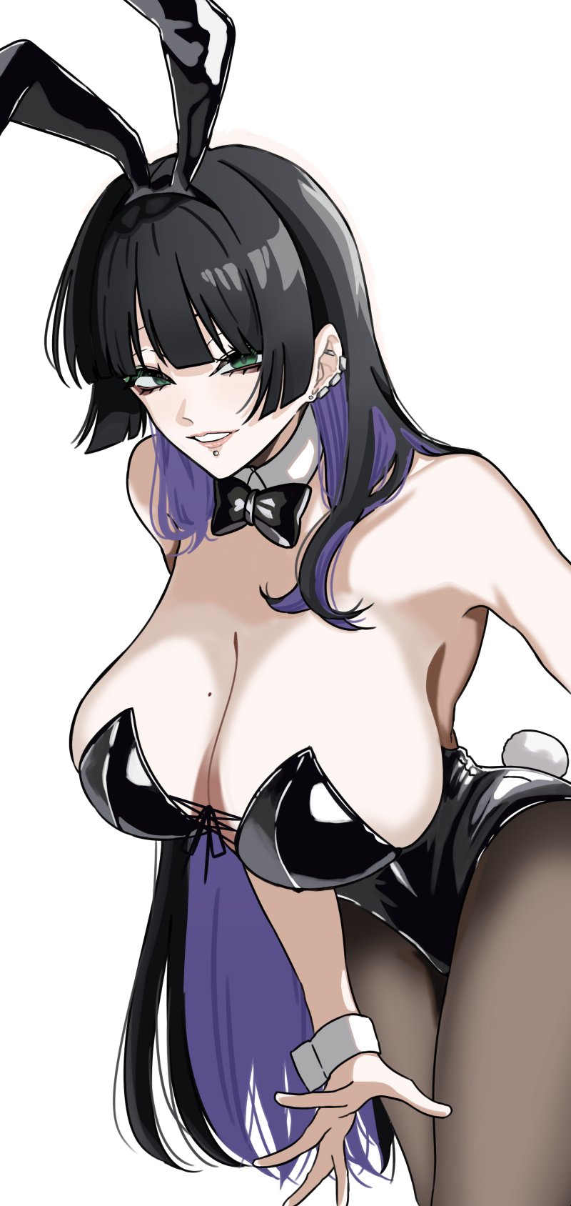 1girl animal_ears black_hair black_leotard blunt_bangs blush bocchi_the_rock! breasts cleavage colored_inner_hair detached_collar ear_piercing fake_animal_ears fake_tail green_eyes highleg highleg_leotard highres hime_cut labret_piercing large_breasts leotard long_hair looking_at_viewer multicolored_hair pa-san pantyhose piercing playboy_bunny purple_hair rabbit_ears rabbit_tail shiny_skin simple_background solo standing strapless strapless_leotard tail white_background wrist_cuffs yukahire