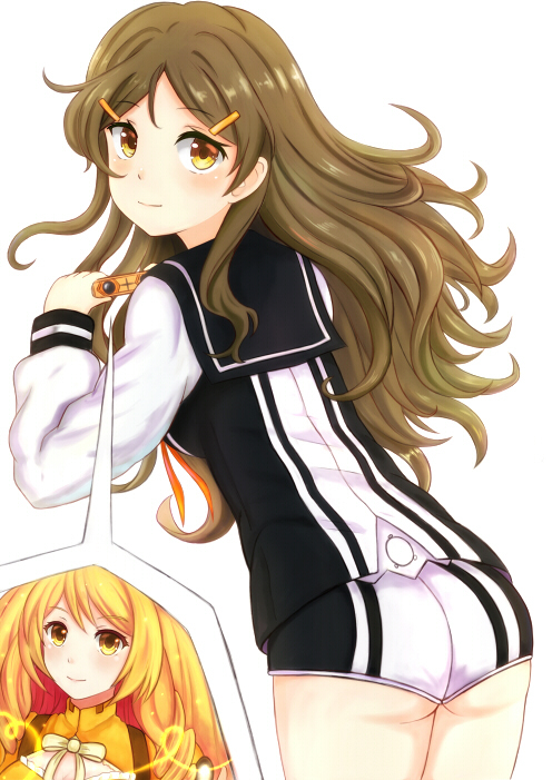 2girls ass bad_id bad_pixiv_id blonde_hair brown_eyes brown_hair langod long_hair multiple_girls school_uniform shinomiya_himawari short_shorts shorts vividred_operation vividyellow yellow_eyes