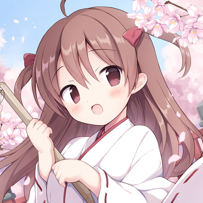 1girl :d ahoge blue_sky blush bow branch brown_eyes brown_hair commentary_request copyright_request day flower hair_between_eyes hair_bow holding izumi_nanase japanese_clothes long_hair long_sleeves looking_at_viewer miko official_art open_mouth outdoors pink_flower red_bow ribbon-trimmed_sleeves ribbon_trim sky smile solo split_mouth two_side_up upper_body very_long_hair wide_sleeves