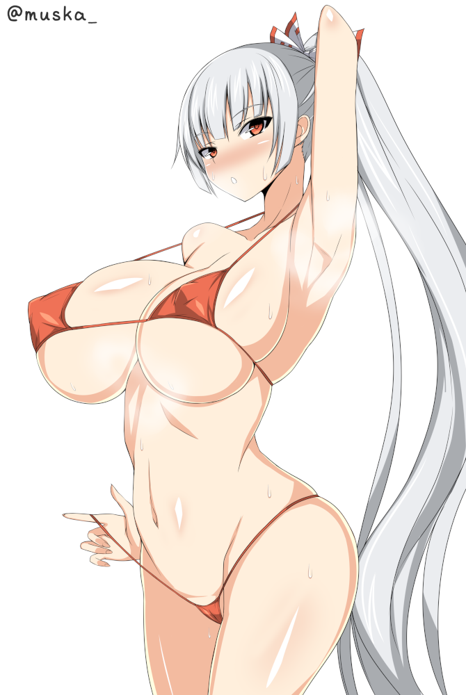 1girl alternate_hairstyle arm_up armpits bikini bikini_pull blush bow breasts cameltoe camera cleavage clothes_pull covered_erect_nipples cowboy_shot fujiwara_no_mokou grey_hair hair_bow holding large_breasts long_hair looking_at_viewer micro_bikini musuka_(muska) navel open_mouth ponytail red_eyes simple_background solo standing sweat swimsuit touhou twitter_username very_long_hair white_background