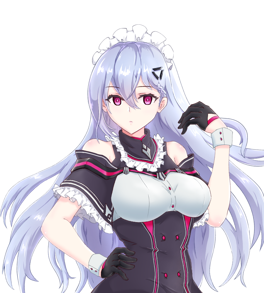 1girl bare_shoulders black_gloves breasts gloves hair_between_eyes iron_saga long_hair maid maid_headdress purple_eyes tanakarabotamotiga trista_(iron_saga) upper_body white_hair