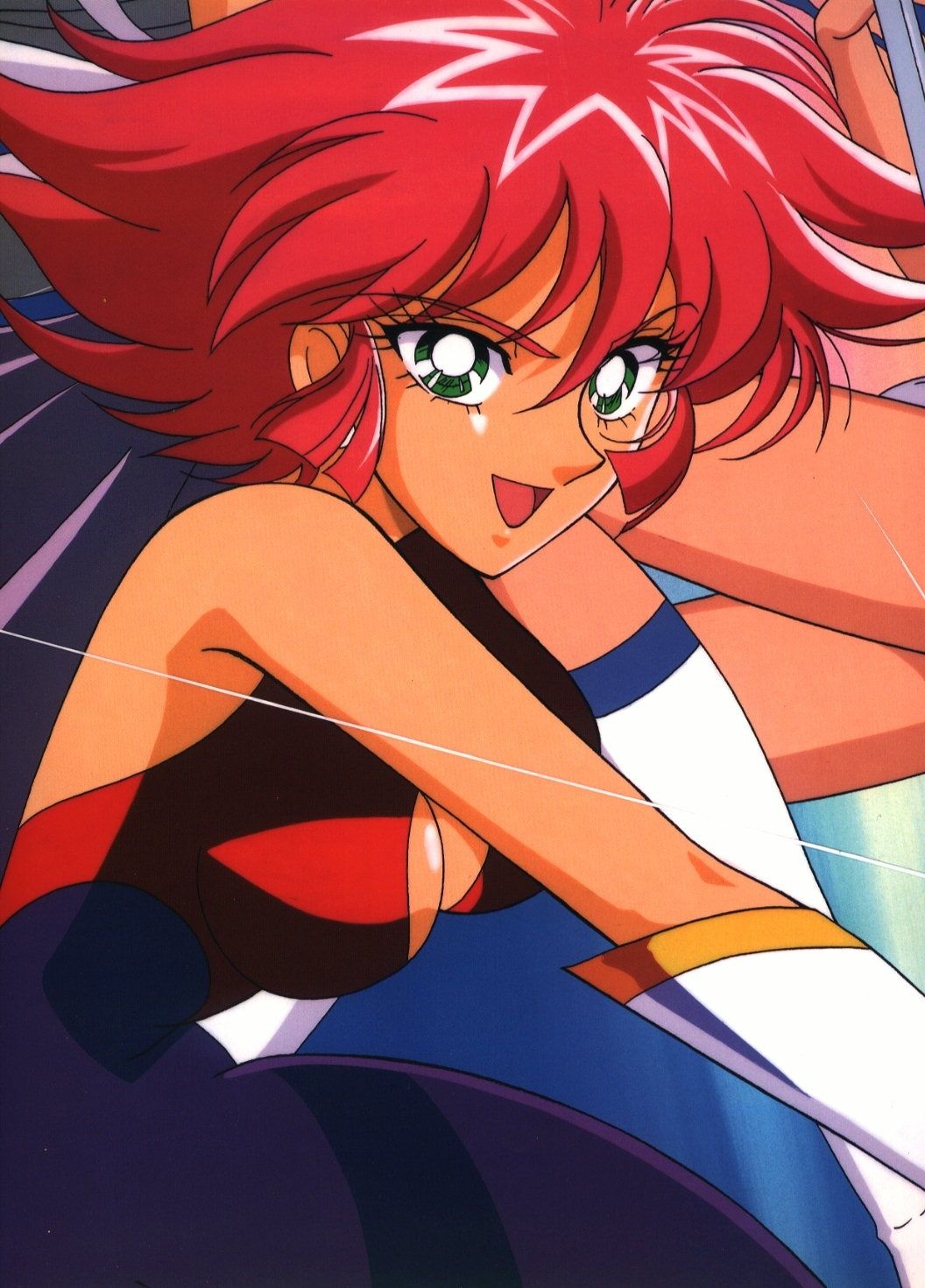 bodysuit breasts cutie_honey cutie_honey_(character) cutie_honey_flash green_eyes highres impossible_clothes medium_breasts nagai_gou official_art open_mouth red_hair shiny_skin short_hair sideboob tan toei_animation tomboy