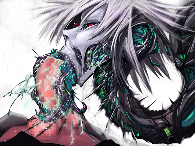 1boy 1girl black_sclera censored colored_sclera cum cum_in_mouth fellatio hetero long_tongue looking_at_viewer mecha_musume mon-musu_quest! monster_girl mosaic_censoring oral pale_skin penis red_eyes saliva spikes testicles tongue valto_(mon-musu_quest!) white_hair xelvy