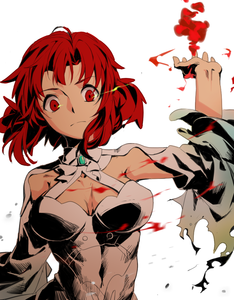 10s 1girl ahoge arm_up blood breasts brooch cleavage dress female_focus glowing glowing_eyes izetta jewelry large_breasts looking_at_viewer magic red_eyes red_hair serious shuumatsu_no_izetta solo sworgun torn_clothes white_background white_dress