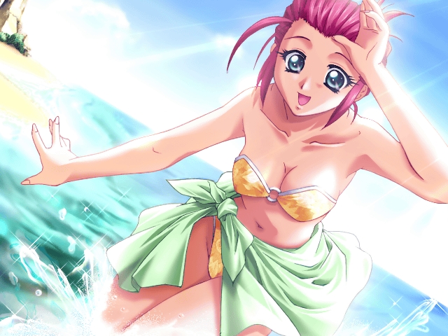 1girl bikini blue_eyes day female_focus game_cg love_love_navigation non-web_source oota_takeshi pink_hair ponytail sarong short_hair solo splashing swimsuit wading water yellow_bikini