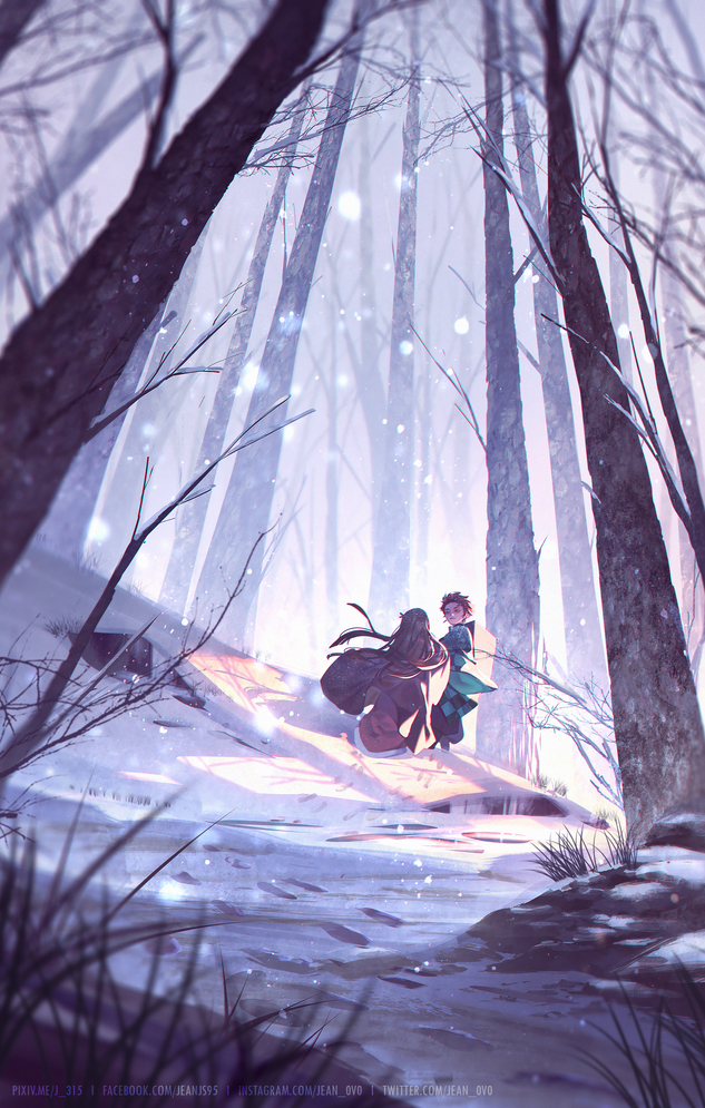 1boy 1girl backpack bag bare_tree black_hair blurry box brother_and_sister brown_hair checkered_haori commentary_request day depth_of_field facing_away floating_hair footprints forest grass hair_ribbon haori j_315_(jean) japanese_clothes kamado_nezuko kamado_tanjirou kimetsu_no_yaiba kimono long_hair long_sleeves nature ribbon scenery shadow siblings snow snowing spiked_hair tree tree_shade very_long_hair walking winter