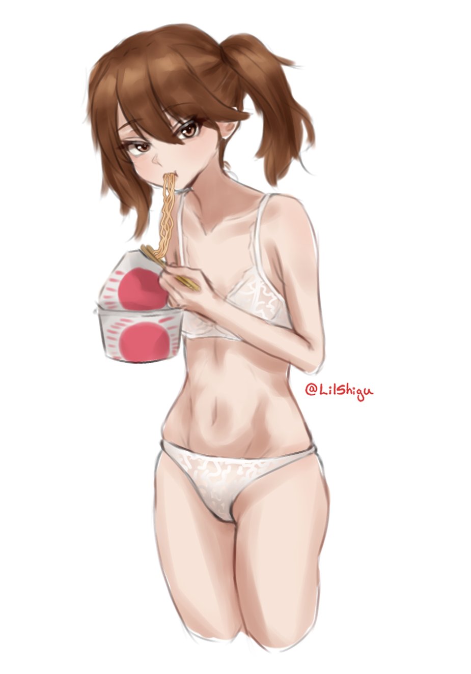 1girl bra brown_eyes brown_hair chopsticks food highres instant_ramen kantai_collection lilshigu long_hair looking_at_viewer noodles one-hour_drawing_challenge panties ryuujou_(kancolle) simple_background solo twintails twitter_username underwear underwear_only white_background white_bra white_panties