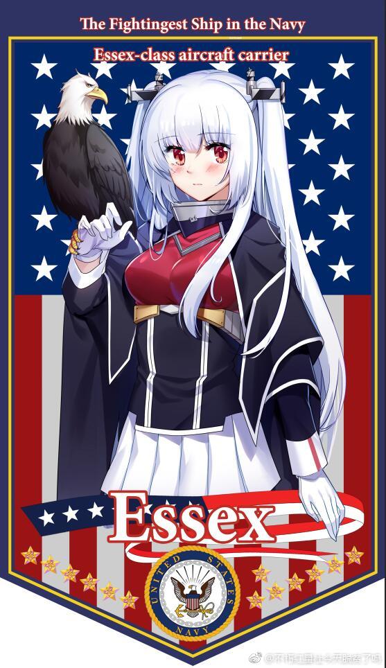 1girl american_flag bird blush breasts buxiuhongxingshe_jintiantuopinlema cape eagle english_text essex_(warship_girls_r) flag_background gloves long_hair looking_at_viewer personification pleated_skirt red_eyes skirt solo twintails two_side_up warship_girls_r weibo_logo weibo_watermark white_gloves white_hair white_skirt