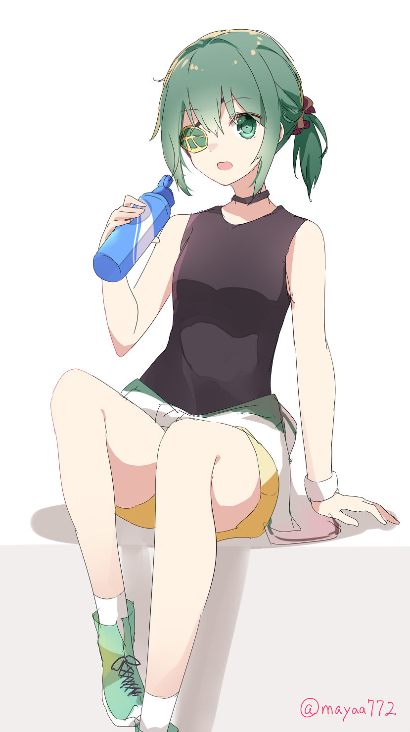 1girl a.a_(aa772) arm_support bare_arms bare_shoulders black_choker black_shirt boots bottle brown_scrunchie choker clothes_around_waist eyepatch green_eyes green_footwear green_hair hair_between_eyes hair_ornament hair_scrunchie highres holding holding_bottle kantai_collection kiso_(kancolle) looking_at_viewer open_mouth ponytail scrunchie shadow shirt short_shorts shorts sidelocks sitting sleeveless sleeveless_shirt socks solo twitter_username white_background white_socks yellow_shorts