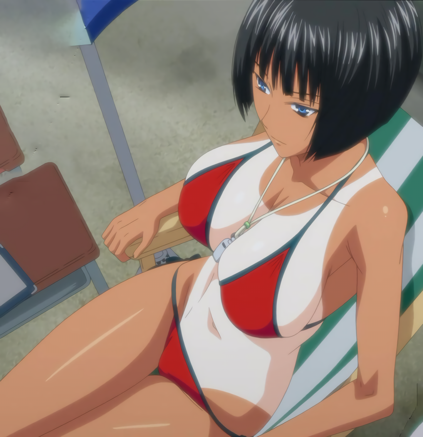 natsu kaori (bokura no sex), bokura no sex, character request, highres,  screencap, stitched, third-party edit, 1girl, bikini, black hair, blue  eyes, bra, breasts, dark-skinned female, dark skin, female focus, large  breasts, lifeguard,