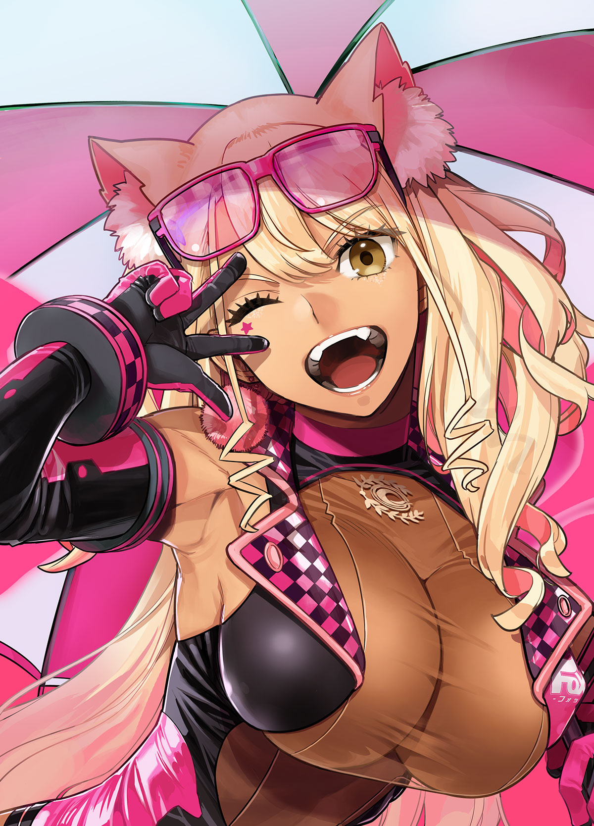 1girl animal_ears blonde_hair breasts chaldea_logo cleavage elbow_gloves eyewear_on_head fang fate/grand_order fate_(series) fox_ears fox_girl gloves gradient_hair highres large_breasts leotard long_hair looking_at_viewer multicolored_hair one_eye_closed open_mouth pink_hair pink_leotard race_queen see-through_clothes see-through_leotard solo star_on_cheek sunglasses suzuka_gozen_(fate) suzuka_gozen_(swimsuit_rider)_(fate) suzuka_gozen_(swimsuit_rider)_(first_ascension)_(fate) takenoko_seijin tan teeth textless_version yellow_eyes