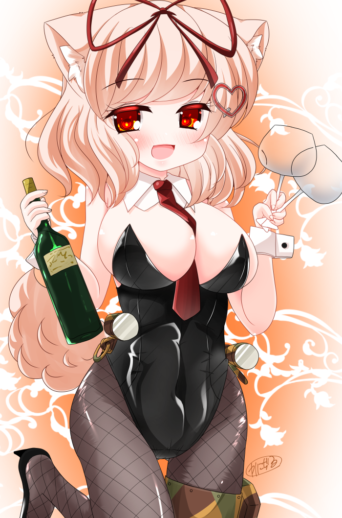 1girl :d animal_ear_fluff animal_ears bare_shoulders between_breasts black_footwear black_leotard blonde_hair blush bottle breasts brown_background carro_armato_p40 collar commentary_request cup detached_collar dog_ears dog_girl dog_tail drinking_glass fishnet_pantyhose fishnets grey_pantyhose hair_ornament hair_ribbon heart heart_hair_ornament high_heels holding holding_bottle holding_cup kanijiru large_breasts leotard looking_at_viewer military_vehicle motor_vehicle necktie necktie_between_breasts nontraditional_playboy_bunny open_mouth original pantyhose personification red_eyes red_necktie red_ribbon ribbon shoes signature smile solo strapless strapless_leotard tail tank white_collar wine_bottle wine_glass wing_collar wrist_cuffs