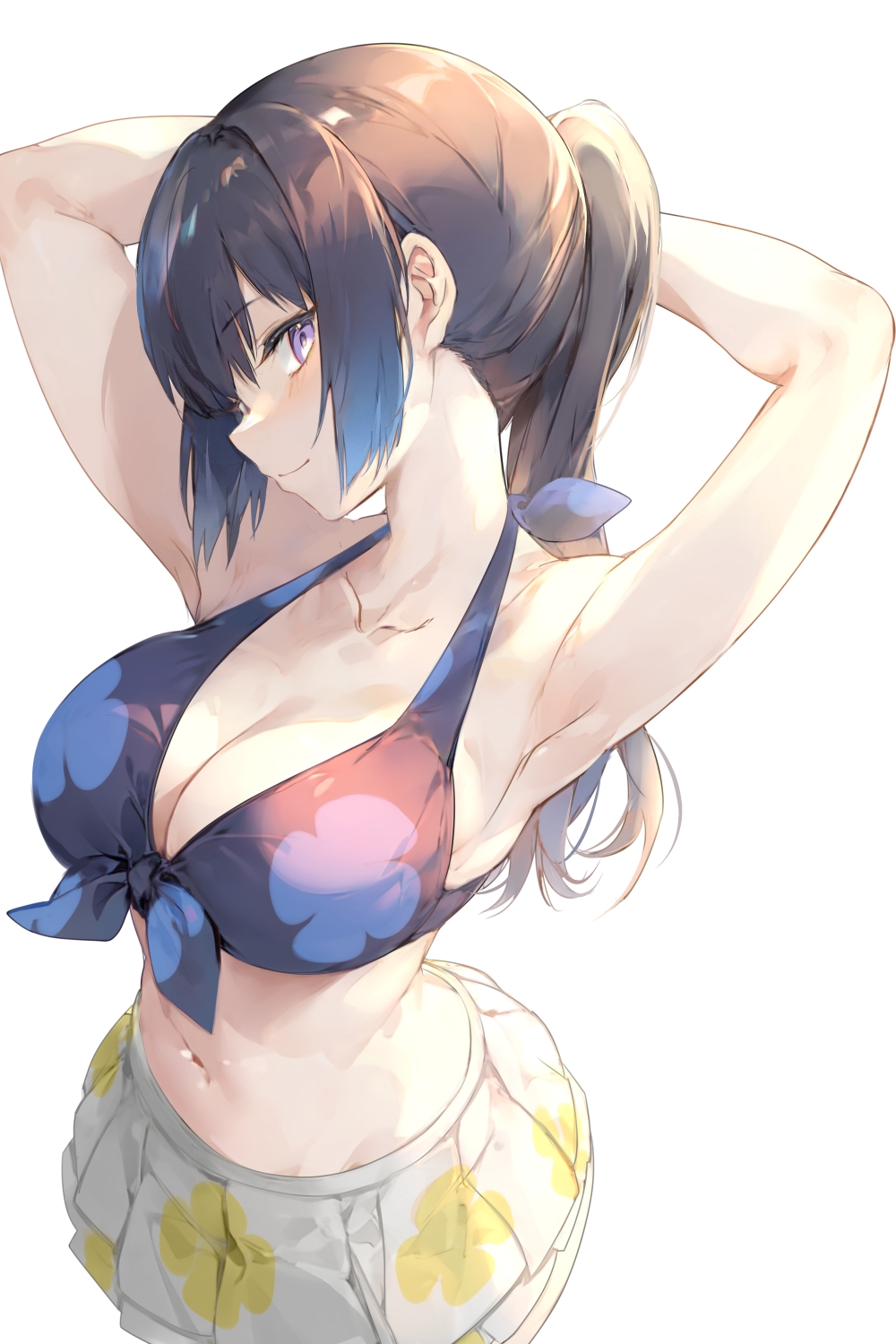 1girl armpits arms_up bikini bikini_skirt black_hair breasts closed_mouth collarbone floral_print from_above front-tie_bikini_top front-tie_top hibike!_euphonium highres kousaka_reina large_breasts mismatched_bikini navel ponytail print_bikini purple_eyes simple_background smile solo stomach swimsuit uu-tan_(hushigi10) white_background