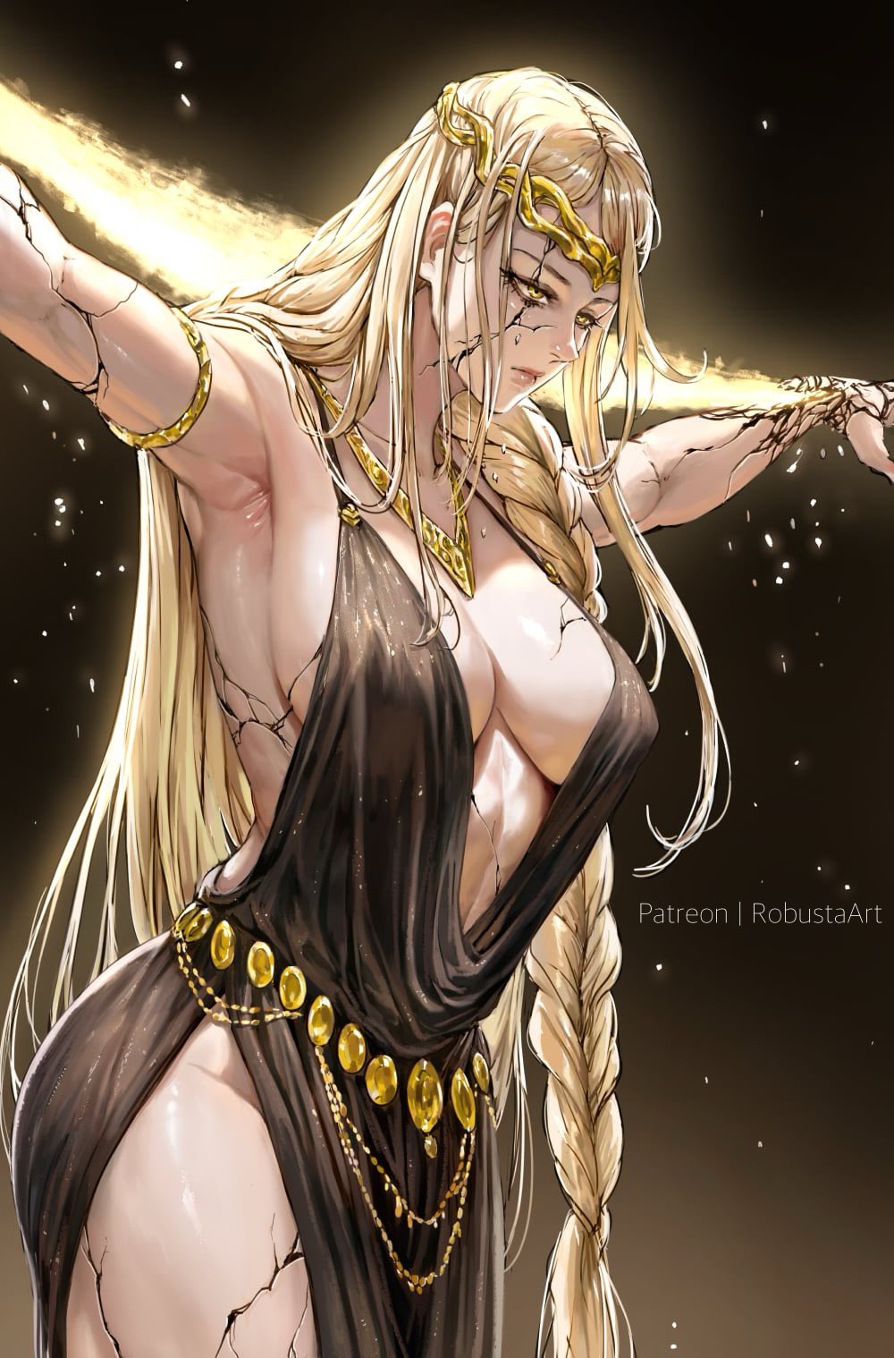 1girl armlet armpits artist_name aura bare_shoulders black_dress blonde_hair breasts circlet closed_mouth collarbone commentary cracked_skin dress elden_ring english_commentary expressionless gold_circlet gold_diadem halter_dress halterneck highres jewelry large_breasts long_hair metal_belt necklace outstretched_arms patreon_username plunging_neckline queen_marika_the_eternal robusta_mania solo spread_arms toned toned_female very_long_hair yellow_eyes