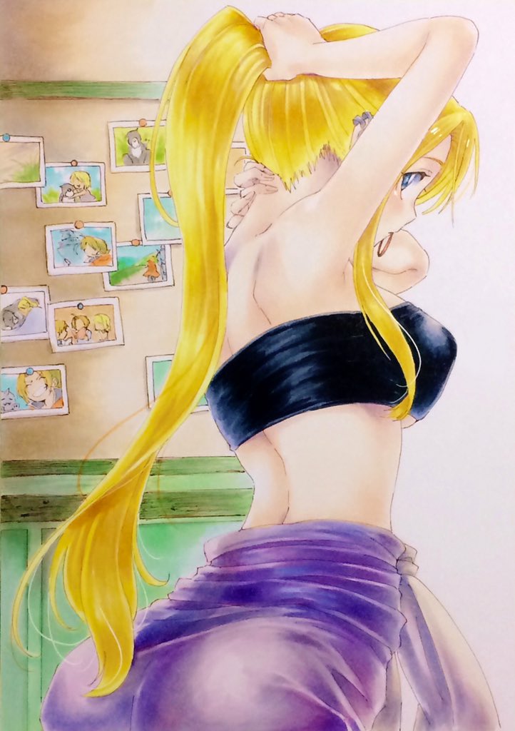 1girl blonde_hair blue_eyes blush breasts ear_piercing fullmetal_alchemist hachi78b hairband long_hair looking_at_viewer looking_back medium_breasts piercing ponytail sideboob solo tank_top upper_body winry_rockbell