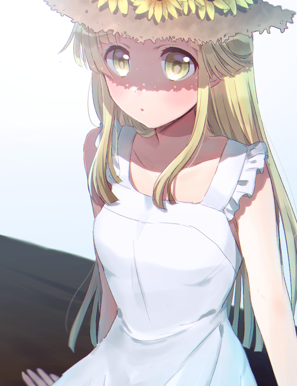 1girl :o bang_dream! blonde_hair blush breasts commentary_request cowboy_shot day dress flower frilled_straps harusawa hat hat_flower light long_hair looking_at_viewer shadow sidelocks sitting small_breasts solo straw_hat sundress sunflower tsurumaki_kokoro white_background white_dress yellow_eyes