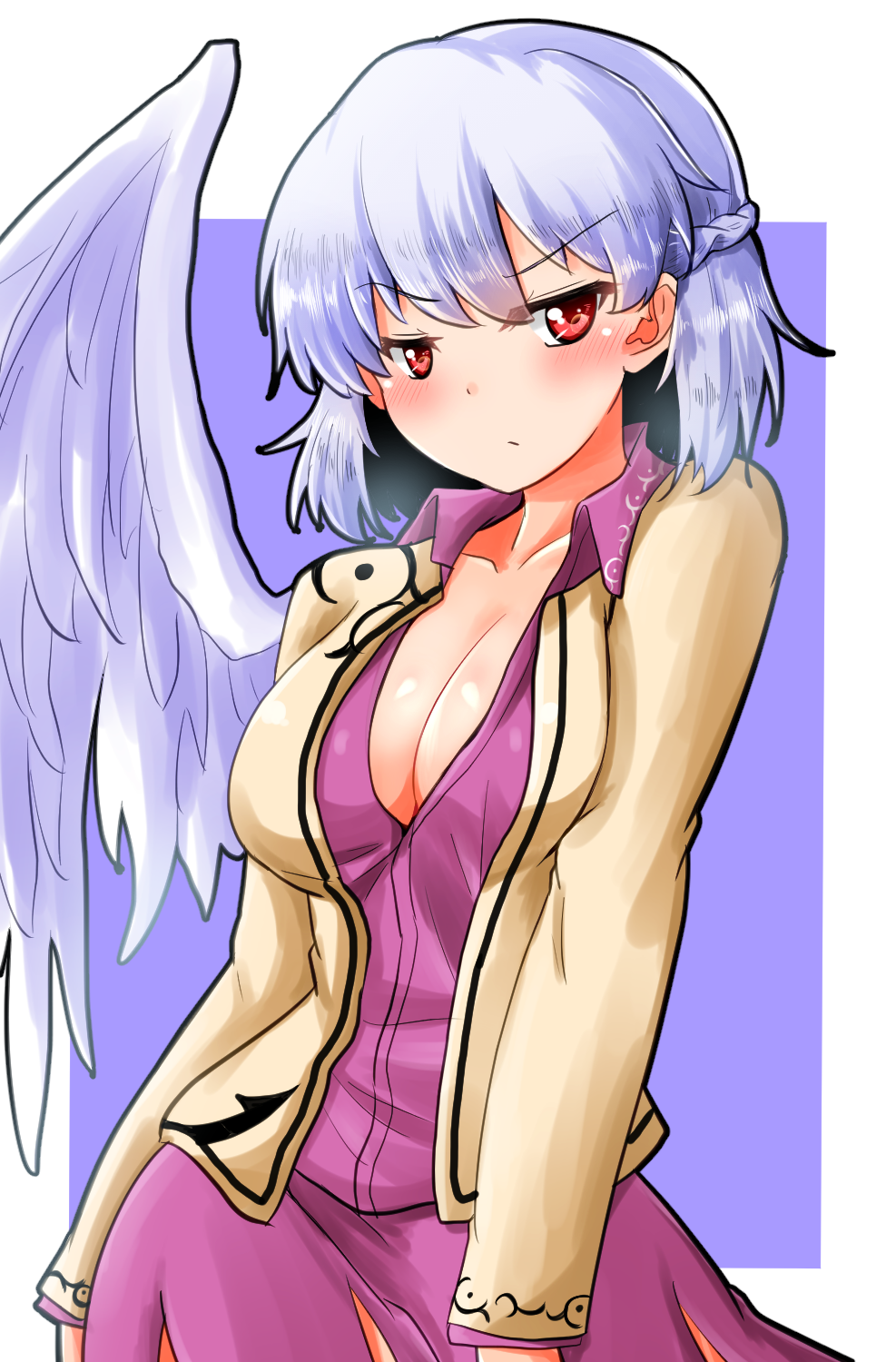 1girl :/ blue_hair blush braid breasts brown_jacket cleavage closed_mouth collared_shirt contrapposto cowboy_shot female_focus french_braid highres jacket kishin_sagume large_breasts long_sleeves looking_at_viewer oshiaki outside_border purple_shirt purple_skirt red_eyes shirt short_hair single_wing skirt solo standing touhou white_wings wings