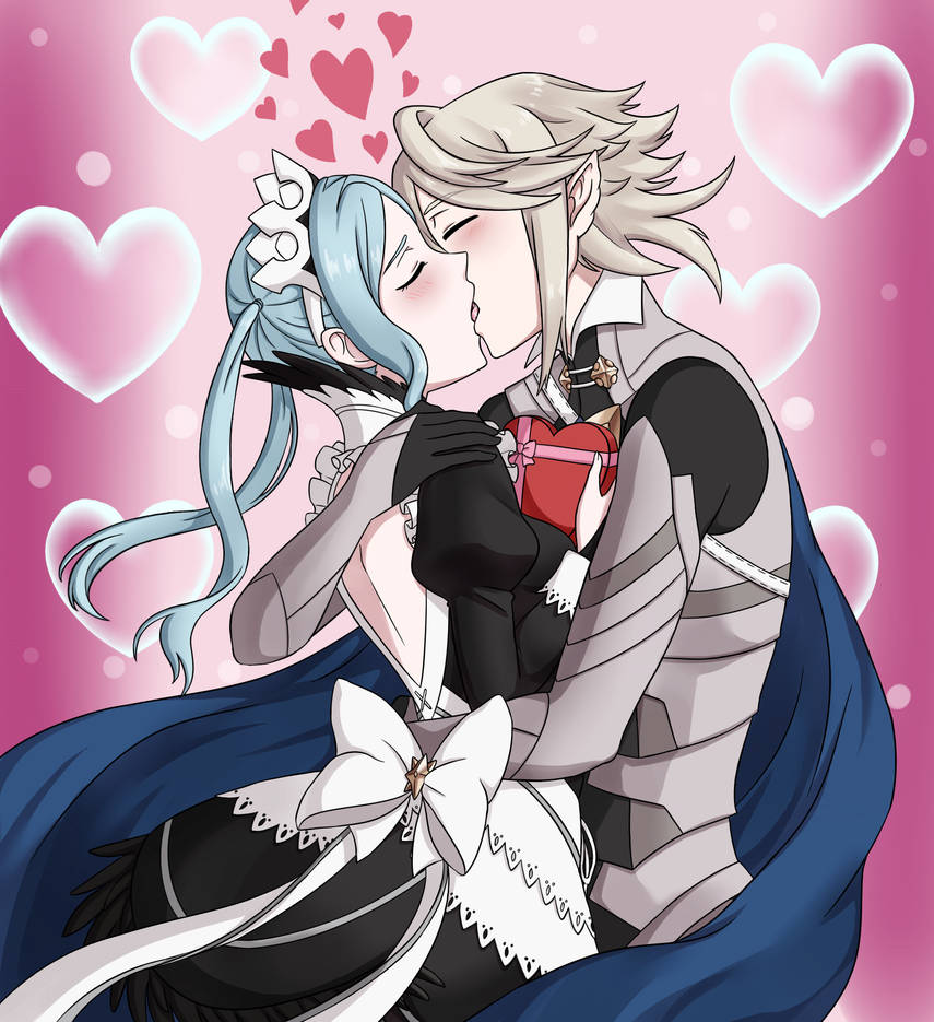 1boy 1girl alisa_(vallurite) apron armor back backless_dress backless_outfit black_dress black_gloves blue_cape blue_hair blush box cape closed_eyes commentary commission corrin_(fire_emblem) corrin_(male)_(fire_emblem) dress english_commentary fire_emblem fire_emblem_fates flora_(fire_emblem) french_kiss gloves grey_hair heart-shaped_box hetero hug juliet_sleeves kiss long_sleeves maid maid_apron nintendo pink_background pointy_ears puffy_sleeves short_hair twintails white_apron