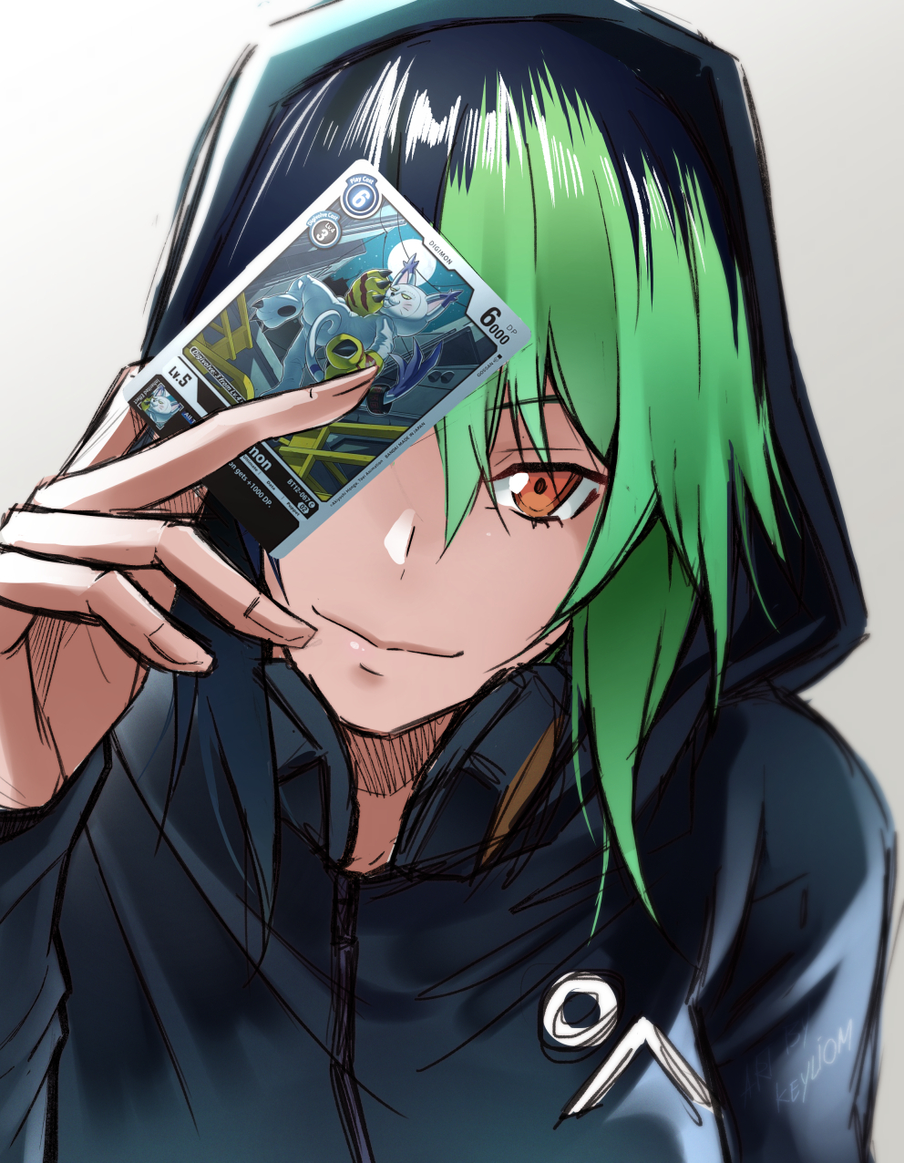 1girl betsumon black_hair black_jacket brown_eyes card digimon digimon_card_game digimon_world_re:digitize green_eyes highres holding holding_card hood hooded_jacket jacket keyliom looking_at_viewer medium_hair multicolored_hair photo-referenced shinomiya_rina smile solo trading_card two-tone_hair upper_body