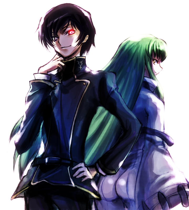 1boy 1girl ass belt black_hair c.c. code_geass collar_tug geass glowing glowing_eyes green_hair hand_on_own_hip heterochromia lelouch_vi_britannia long_hair long_sleeves looking_back purple_eyes red_eyes school_uniform short_hair smile straitjacket yellow_eyes yk-kz