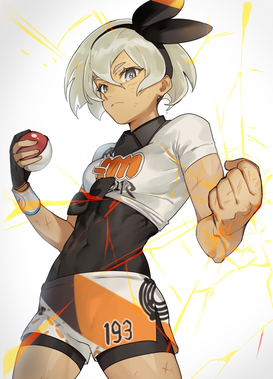 1girl abs bad_id bad_pixiv_id bea_(pokemon) black_gloves bodysuit bodysuit_under_clothes breasts clenched_hand covered_navel cowboy_shot crack creatures_(company) crop_top dark-skinned_female dark_skin expressionless game_freak gloves grey_eyes gym_leader hair_between_eyes hairband hieung highres looking_at_viewer medium_breasts nintendo poke_ball pokemon pokemon_swsh scar shirt short_hair short_shorts short_sleeves shorts silver_hair simple_background single_glove solo tied_shirt white_background wristband