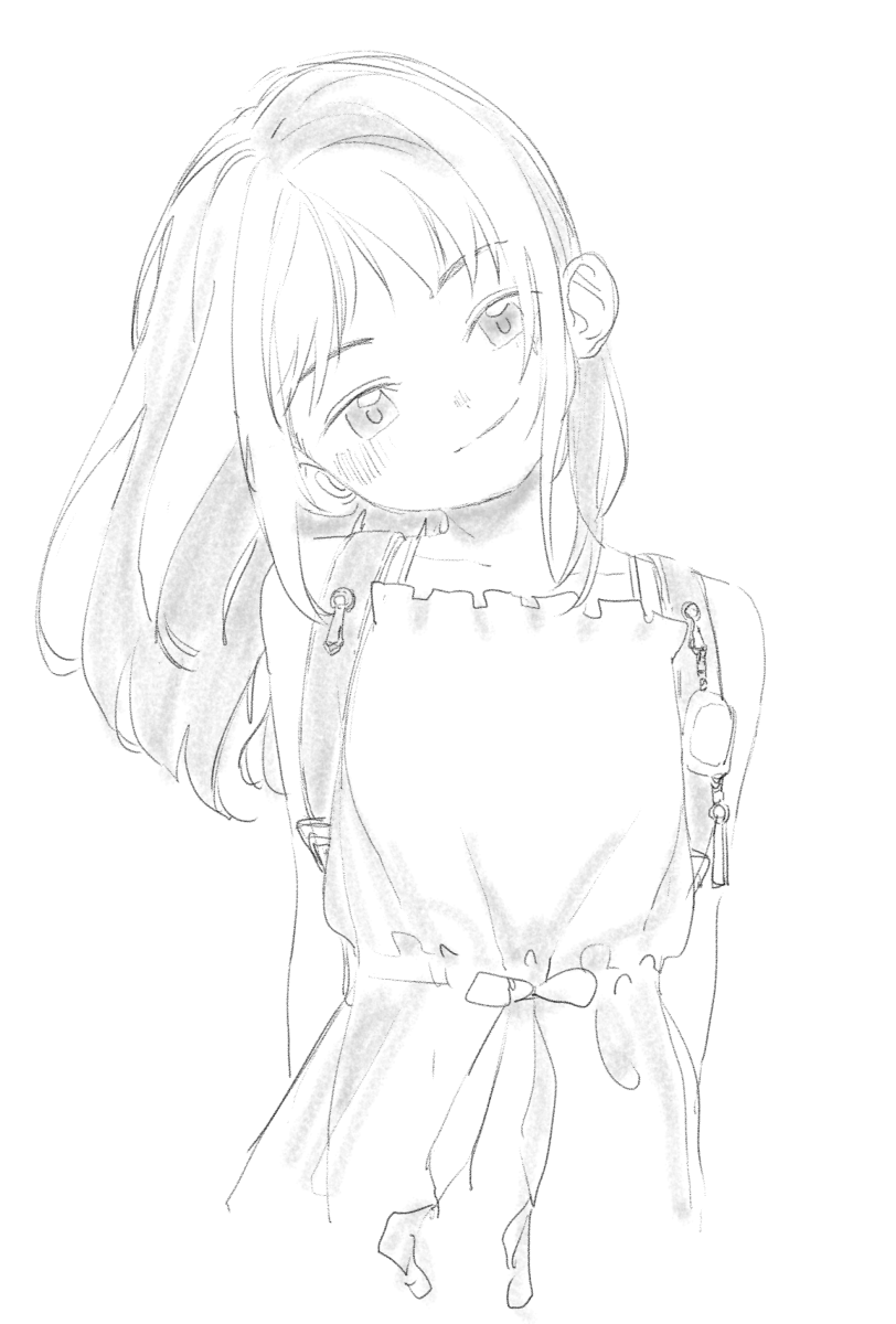 1girl arms_behind_back backpack bag blush closed_mouth crime_prevention_buzzer dress head_tilt highres long_hair looking_at_viewer monochrome original randoseru satsuyo simple_background sketch smile solo white_background