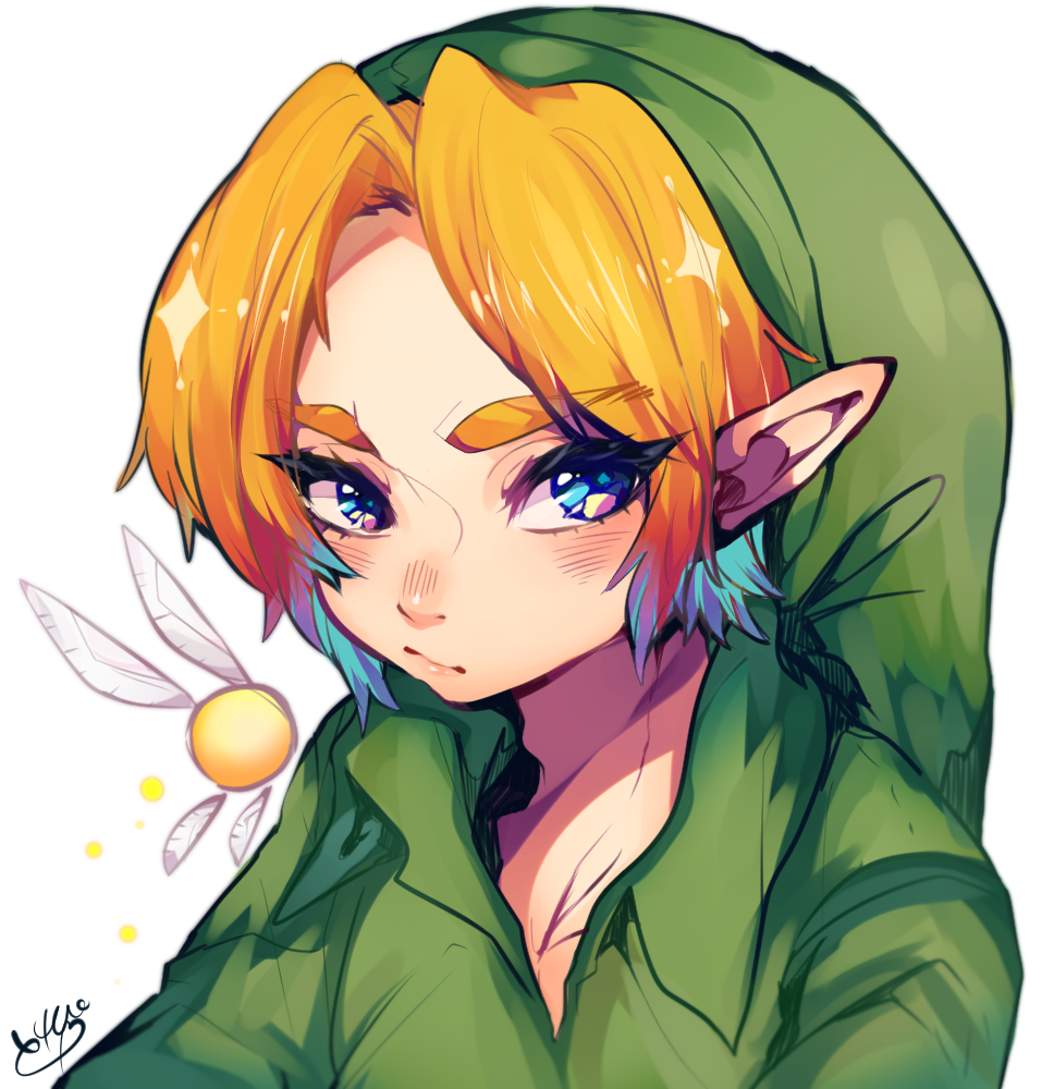 1boy blonde_hair blue_eyes closed_mouth commentary_request fairy green_hat green_tunic hat link long_hair nintendo partial_commentary pointy_ears portrait repikinoko signature simple_background solo tatl the_legend_of_zelda the_legend_of_zelda:_majora&#039;s_mask tunic white_background young_link