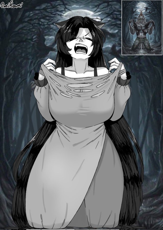 1girl animal_ears bare_tree bra dress forest full_moon greyscale imaizumi_kagerou kneeling long_hair monochrome moon nature omikami puddle reflection torn_clothes touhou tree underwear very_long_hair werewolf wolf_ears wolf_girl