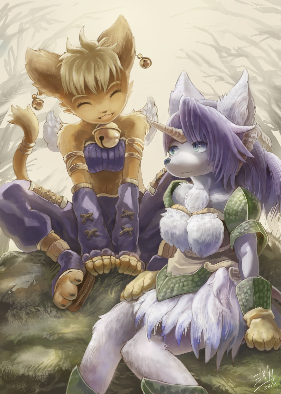 2girls animal_ears armor bell blonde_hair blue_eyes brown_hair cat cat_ears cat_girl cat_tail closed_eyes closed_mouth daena detached_sleeves dragoon earrings eixin eyebrows feathers full_body furry furry_female gloves hair_between_eyes highres holding horns jewelry legend_of_mana long_hair multiple_girls purple_hair seiken_densetsu short_hair sierra_(lom) single_horn sitting skirt slit_pupils smile stomach tail wings wolf_ears wolf_girl yellow_gloves