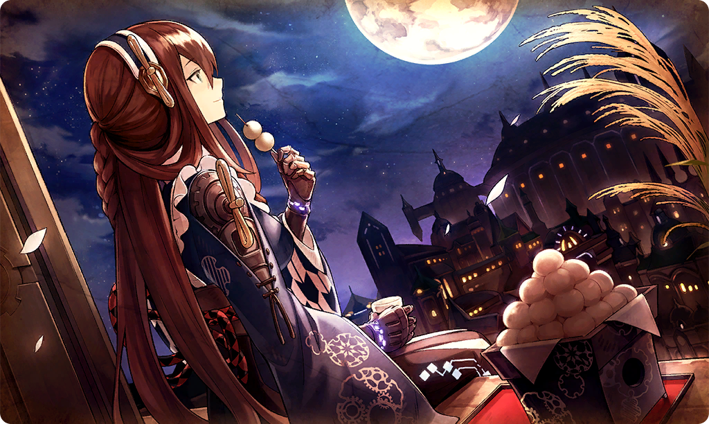 1girl braid brown_hair closed_mouth commentary cup dango food full_moon hairband hazel_(ta_ga_tame_no_alchemist) holding holding_cup holding_food japanese_clothes kimono long_hair moon night night_sky official_art profile prosthesis prosthetic_arm sitting sky smile solo susuki_grass ta_ga_tame_no_alchemist third-party_source tsukimi tsukimi_dango wagashi white_petals