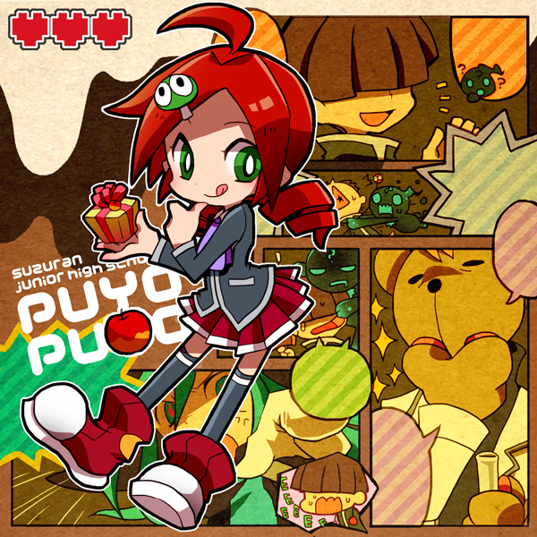 1girl 2boys 73_(naa) :q ahoge andou_ringo apple bear black_thighhighs blazer compile copyright_name dress drill_hair ecolo_(puyopuyo) food fruit gift green_eyes hair_ornament hairclip jacket madou_monogatari multiple_boys name_connection object_namesake puyopuyo puyopuyo_20th_anniversary puyopuyo_7 red_dress red_hair risukuma_(puyopuyo) sakaki_maguro sasaki_maguro school_uniform shoes short_hair skirt smile thighhighs tongue tongue_out unusual_ecolo