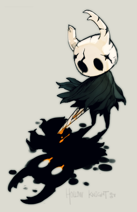 1other black_cape cape copyright_name grey_background holding holding_sword holding_weapon hollow_eyes hollow_knight horns knight_(hollow_knight) nail_(hollow_knight) pigeon666 simple_background solo sword weapon