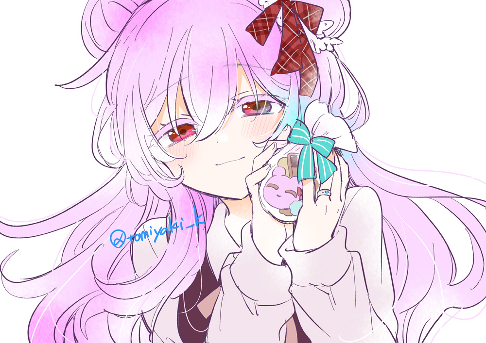 1girl aqua_bow bag bow closed_mouth dot_nose double_bun hair_between_eyes hair_bun half-closed_eyes happy_sugar_life holding holding_bag jewelry kagisora_tomiyaki long_hair long_sleeves looking_at_viewer matsuzaka_satou pink_hair plaid_ribbon red_eyes red_ribbon ribbon ring shirt simple_background smile solo twitter_username upper_body white_background white_shirt