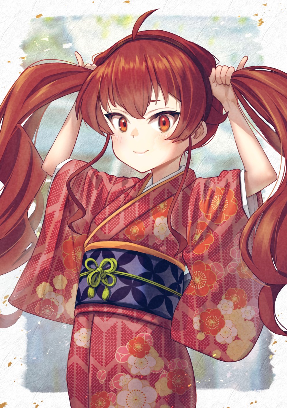 1girl ahoge alternate_hairstyle arms_up black_hairband bunching_hair closed_mouth cowboy_shot eris_greyrat hairband highres holding holding_own_hair ichi854 japanese_clothes kimono long_hair looking_at_viewer mushoku_tensei obi playing_with_own_hair red_eyes red_hair red_kimono sash smile solo twintails very_long_hair wide_sleeves