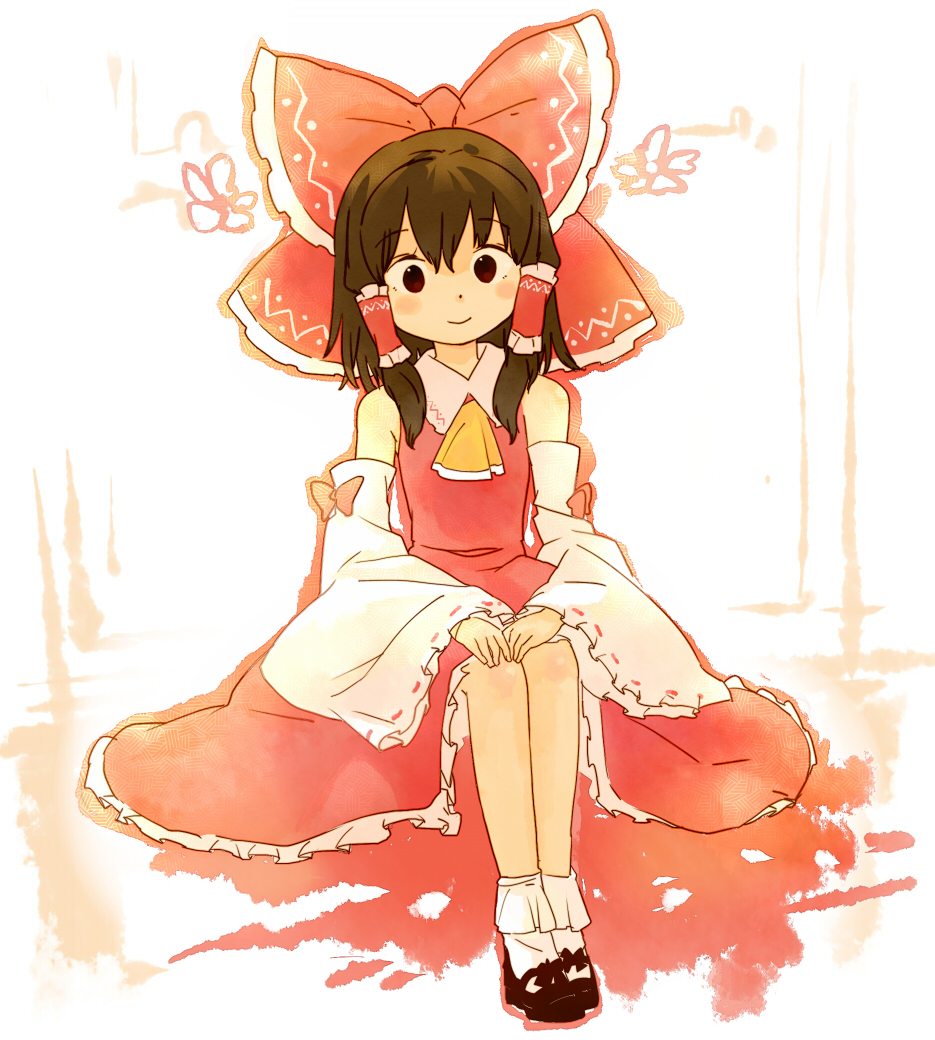 1girl ascot bow brown_eyes brown_hair detached_sleeves female_focus hair_bow hair_tubes hakurei_reimu hands_on_own_knees japanese_clothes miko sitting solo tcmk touhou