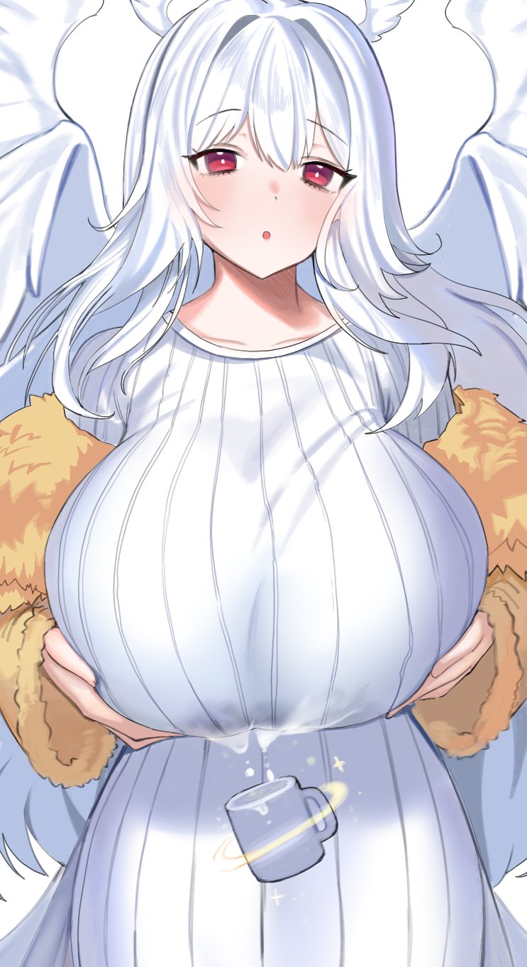 1girl :o angel angel_wings breast_lift breasts bright_pupils coffee_mug cowboy_shot cup dress expressionless eyebrows facing_viewer floating fur_sleeves fur_trim hair_between_eyes halo highres huge_breasts lactating_into_container lactation lactation_through_clothes levitation long_dress long_hair long_sleeves magic mug original red_eyes ribbed_dress sidelocks simple_background solo tongtangtong very_long_hair white_background white_dress white_hair white_pupils white_wings wings