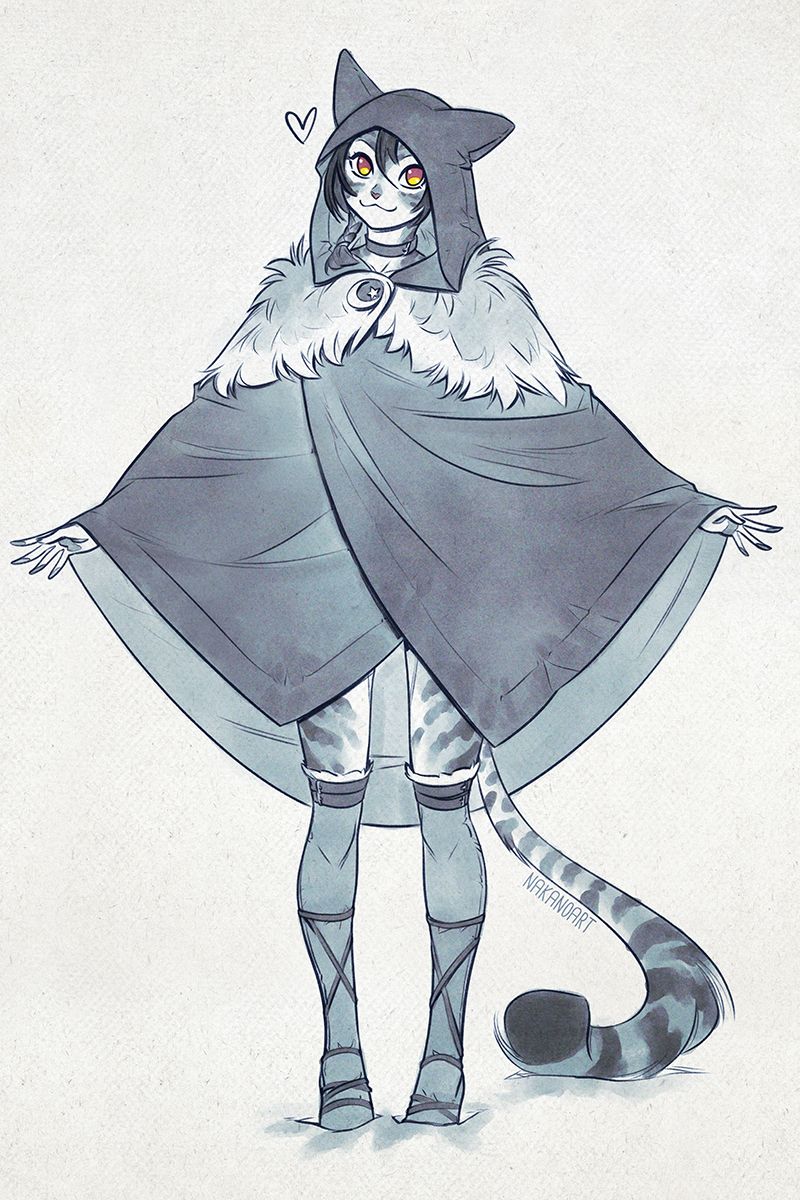 1girl animal_ears animal_hood black_hair braid cat_ears cat_tail cloak full_body fur_trim furry furry_female heart highres hood inktober khajiit looking_at_viewer nana_nakano niya_(nana_nakano) simple_background single_braid smile snow solo standing tail the_elder_scrolls the_elder_scrolls_v:_skyrim thighhighs