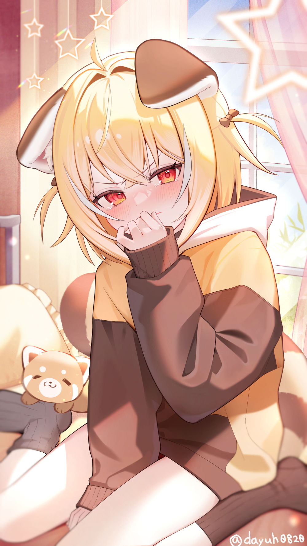 1girl ahoge animal_ear_fluff between_legs black_socks blonde_hair blush brown_hoodie closed_mouth commentary_request dayuh ears_down frilled_pillow frills hair_intakes hand_between_legs hand_up highres hood hood_down hoodie long_sleeves multicolored_hair no_shoes on_bed original pillow puffy_long_sleeves puffy_sleeves red_eyes red_panda_ears red_panda_girl red_panda_tail ribbed_legwear sitting sleeves_past_wrists socks solo streaked_hair striped_tail tail twitter_username v-shaped_eyebrows wariza white_hair