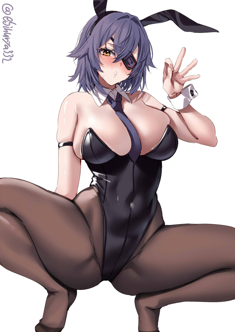 1girl artist_name bare_shoulders between_breasts black_leotard blue_hair blue_necktie blush breasts brown_pantyhose commentary_request covered_navel detached_collar ebifurya eyepatch fellatio_gesture hair_intakes highleg highleg_leotard highres kantai_collection large_breasts leotard looking_at_viewer necktie necktie_between_breasts one-hour_drawing_challenge pantyhose playboy_bunny short_hair simple_background skindentation solo spread_legs squatting strapless strapless_leotard tenryuu_(kancolle) twitter_username white_background white_wrist_cuffs wrist_cuffs yellow_eyes