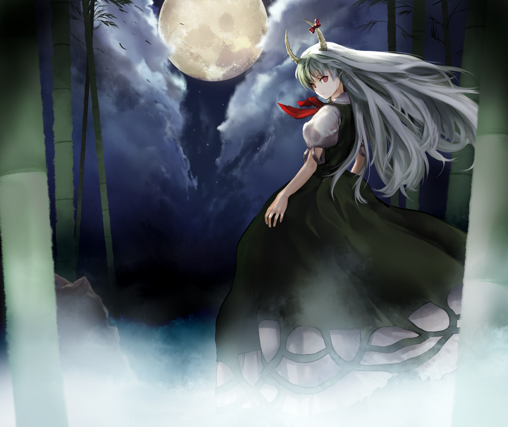 1girl bad_id bad_pixiv_id bamboo chirigami-san dress ex-keine female_focus full_moon green_hair horn_ornament horn_ribbon horns kamishirasawa_keine long_hair looking_back moon multicolored_hair night outdoors red_eyes ribbon sky solo touhou white_hair