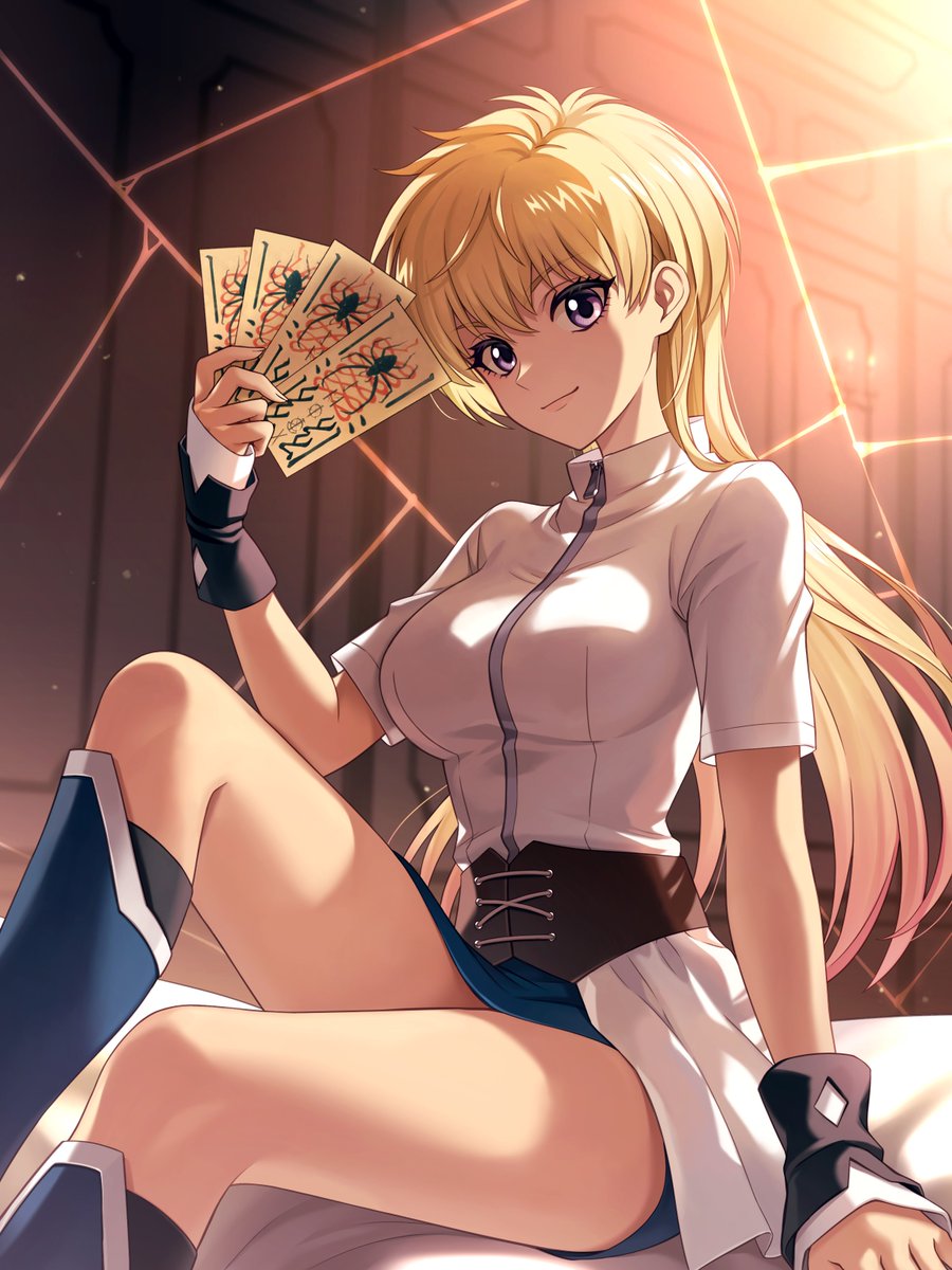 1girl arm_support bastard!! black_socks blonde_hair blue_footwear blue_skirt breasts closed_mouth corset feet_out_of_frame hair_behind_ear hair_between_eyes hand_up highres holding holding_ofuda large_breasts long_hair looking_at_viewer miniskirt official_art purple_eyes ragnador sean_ari second-party_source short_sleeves sitting skirt smile socks solo thighs zipper