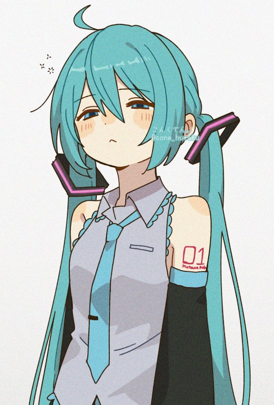 1girl aqua_eyes aqua_hair aqua_necktie bare_shoulders black_sleeves commentary corn_kuten detached_sleeves grey_shirt hair_between_eyes hair_ornament half-closed_eyes hatsune_miku long_hair looking_ahead low_twintails necktie number_tattoo shirt simple_background sleepy sleeveless solo squeans tattoo three_quarter_view twintails twitter_username very_long_hair vocaloid white_background