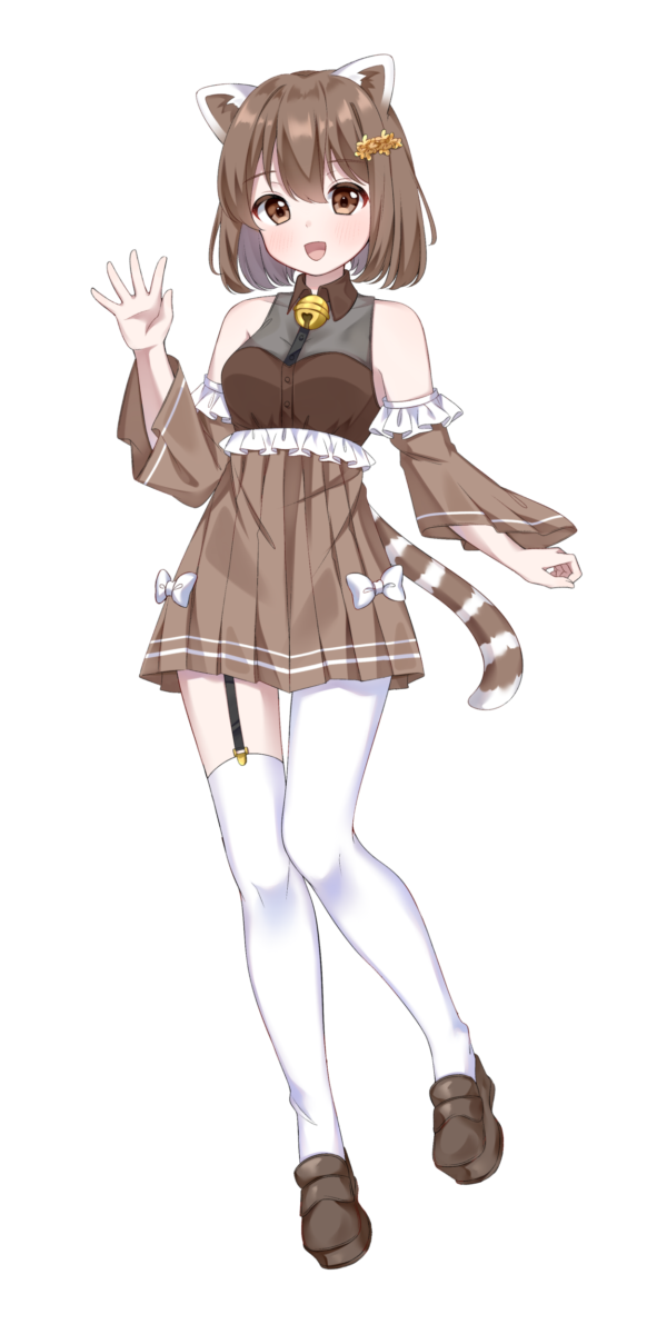 1girl :d animal_ears artist_request bell bondlive bow breasts brown_eyes brown_footwear brown_hair brown_skirt brown_sleeves detached_sleeves frills full_body hair_between_eyes hair_ornament highres looking_at_viewer medium_hair neck_bell official_art open_mouth pantyhose pleated_skirt simple_background single_leg_pantyhose single_thighhigh skirt smile solo tachi-e thighhighs tongue transparent_background two-tone_tail white_bow white_pantyhose white_thighhighs