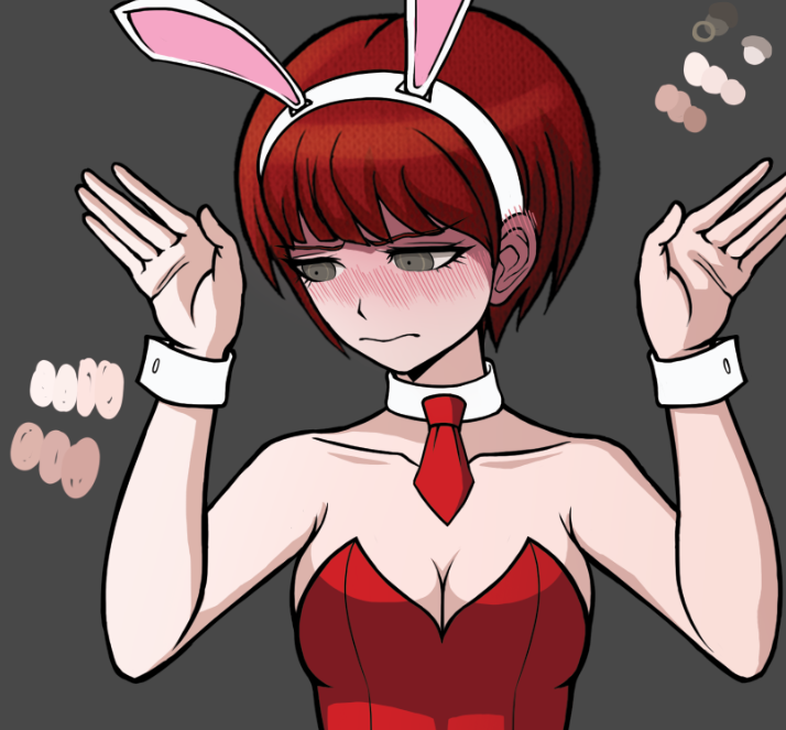 1girl a_beautiful_man_(middinos) animal_ear_hairband animal_ears averting_eyes bare_shoulders blush breasts brown_eyes cleavage close-up closed_mouth collarbone color_guide commentary danganronpa_(series) danganronpa_2:_goodbye_despair detached_collar embarrassed english_commentary fake_animal_ears flustered furrowed_brow grey_background hairband koizumi_mahiru leotard looking_down looking_to_the_side medium_breasts necktie nose_blush playboy_bunny portrait rabbit_ear_hairband rabbit_ears rabbit_pose red_hair red_leotard red_necktie short_hair short_necktie sleeveless_leotard solo strapless strapless_leotard unfinished upper_body v-shaped_eyebrows very_short_hair wavy_mouth wrist_cuffs